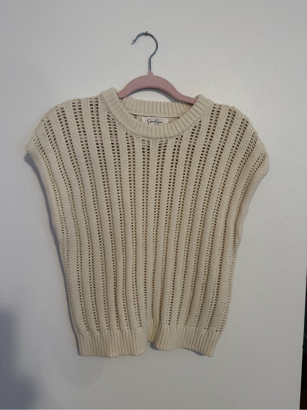 Jessica Simpson Cream Open-Knit Cap-Sleeve Sweater